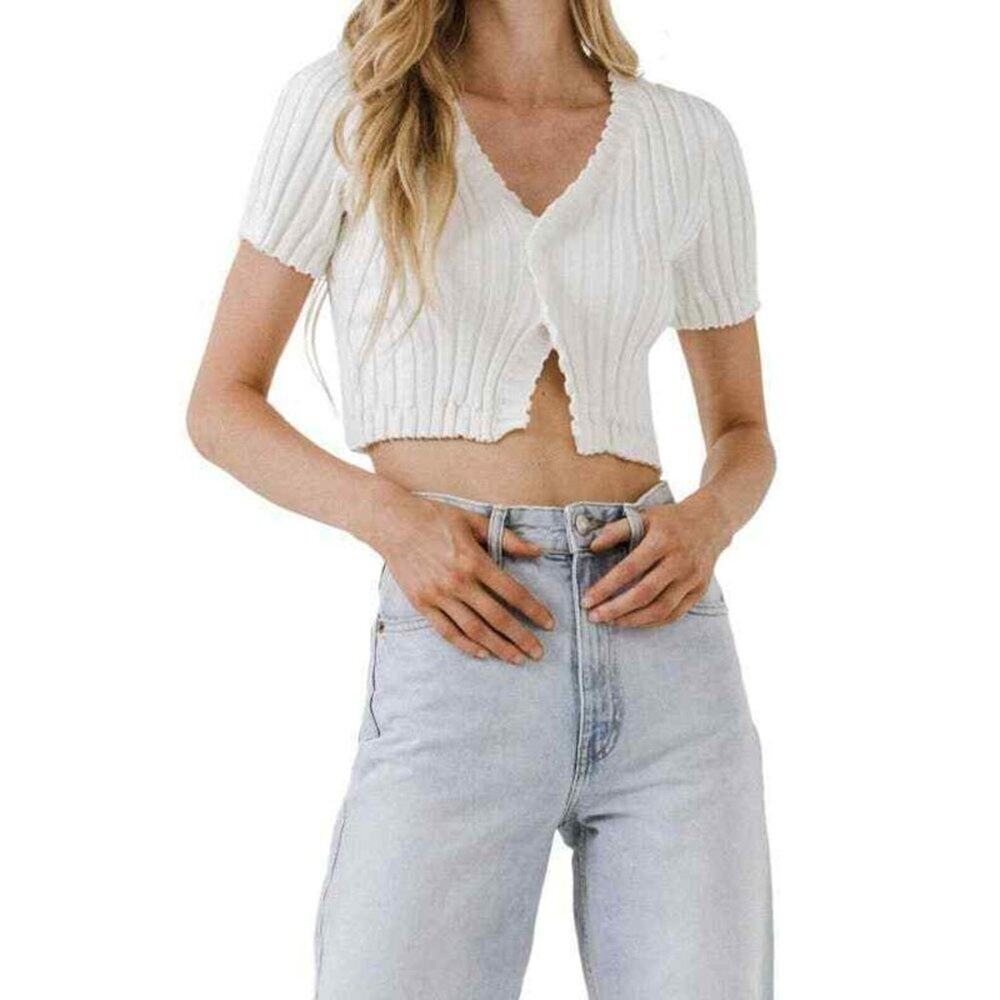 Endless Rose Cropped Ribbed Knit Ruffle Top